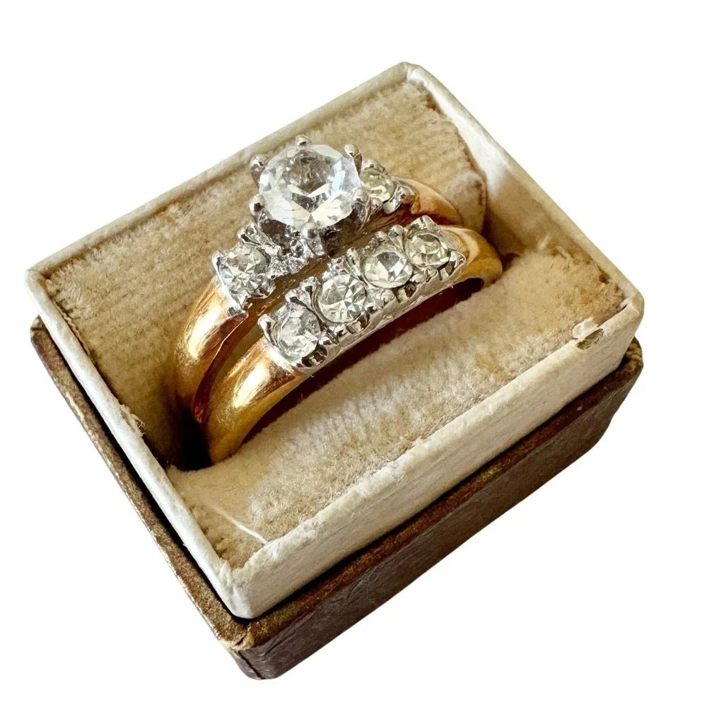 Vintage Cubic Zirconia Engagement Wedding Ring Double Band 18kt Gold Plated Sz 9